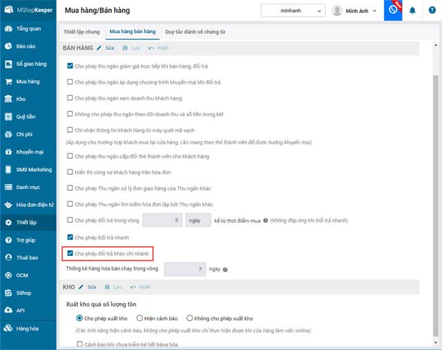 Đổi trả khác chi nhánh