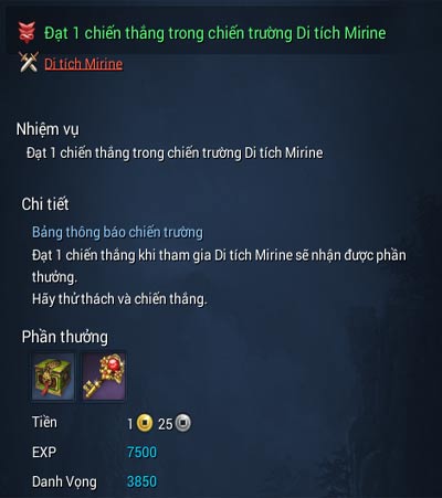 Đạt 1 chiến thắng trong chiến trường Di tích Mirine