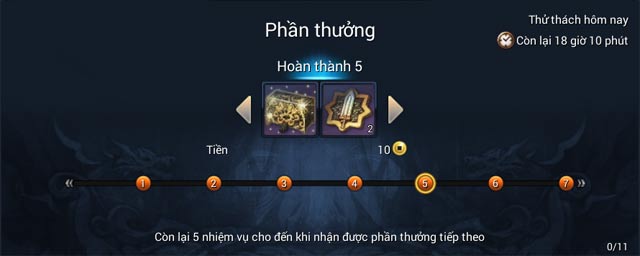 Phần thưởng hoàn thành 5 nhiệm vụ thử thách ngày (thứ 2 tới thứ 6)