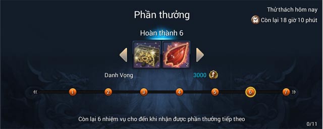 Phần thưởng hoàn thành 6 nhiệm vụ thử thách ngày (thứ 2 tới thứ 6)
