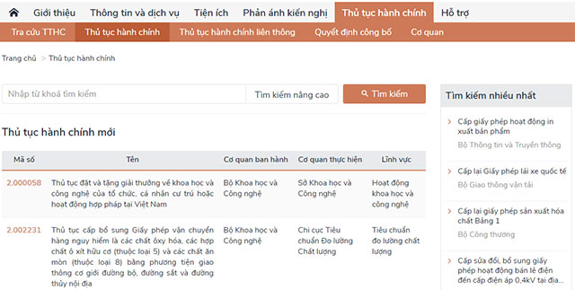 Các thủ tục hành chính mới trên Cổng Dịch vụ công Quốc gia