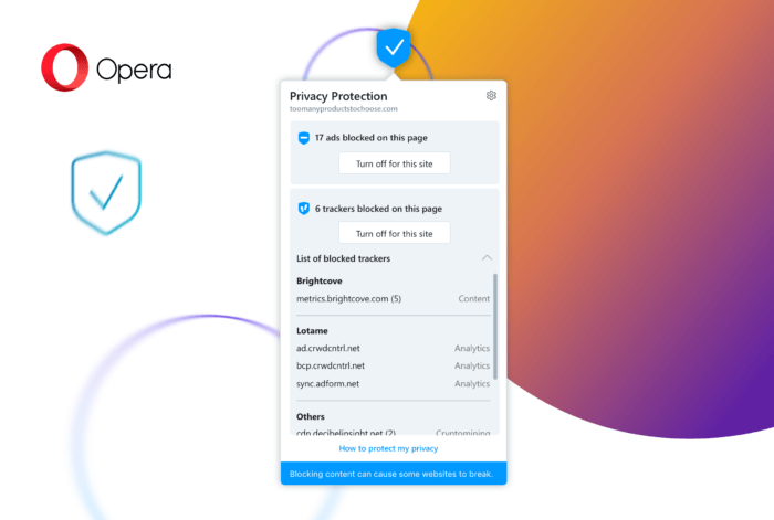 Cửa sổ bật/tắt tính năng chặn theo dõi trên Opera