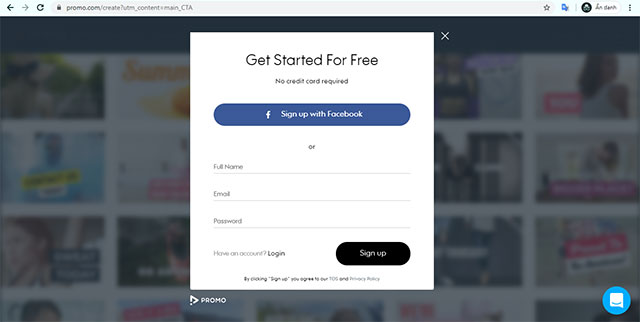 Đăng ký tài khoản Promo mới hoặc đăng nhập nhanh bằng Facebook