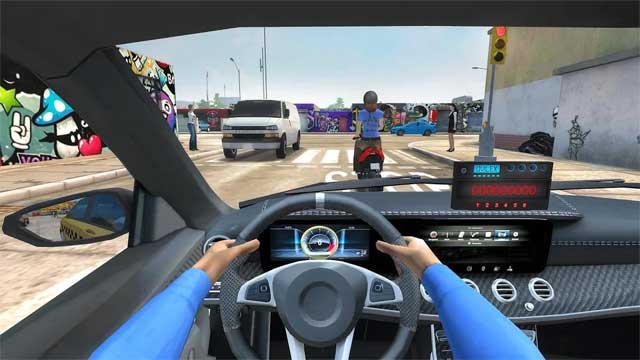Trình điều khiển của Taxi Sim được mô phỏng giống như trong một chiếc xe thực