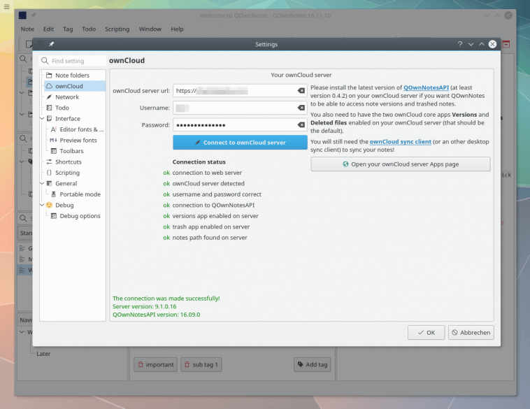 ownCloud trên QOwnNotes