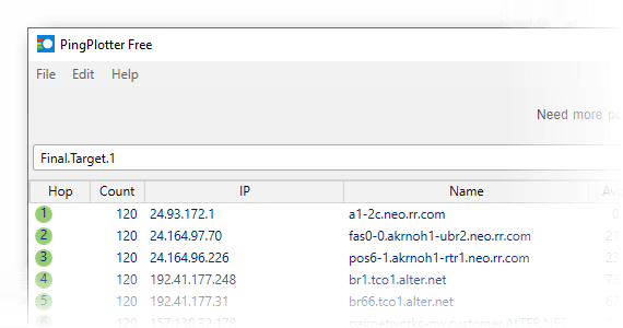 Bảng thống kê trên PingPlotter Free