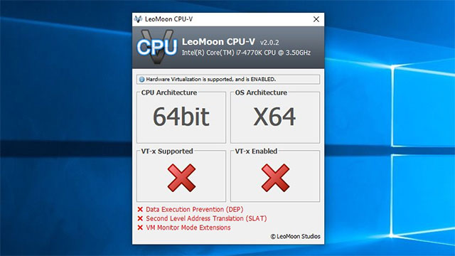 Giao diện phần mềm kiểm tra khả năng ảo hóa máy tính LeoMoon CPU-V