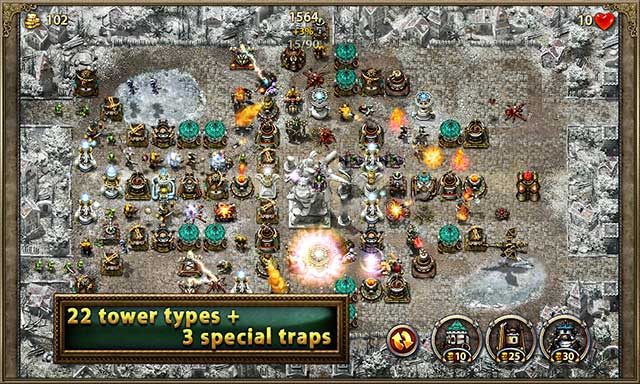 Game cung cấp 22 loại tháp và 3 bẫy đặc biệt với các đặc điểm và kẻ thù đặc trưng