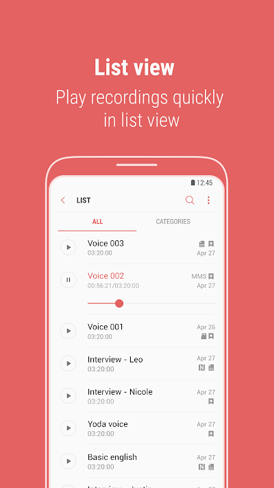 Danh sách các bản ghi âm của Samsung Voice Recorder