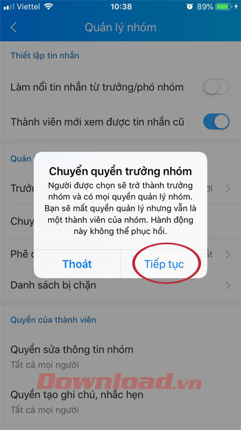 Xác nhận chuyển quyền trưởng nhóm