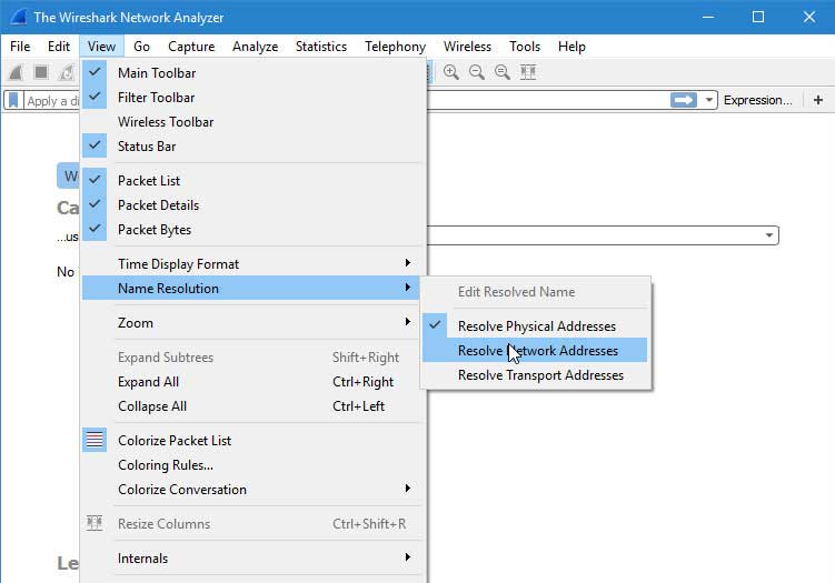 Menu Wireshark