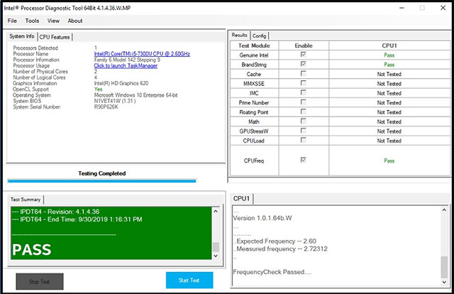 Giao diện chính của công cụ kiểm tra phần cứng Intel Processor Diagnostic Tool
