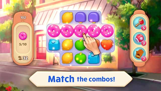 Chơi các level match-3 để kiếm tiền mua đồ nội thất cho công viên