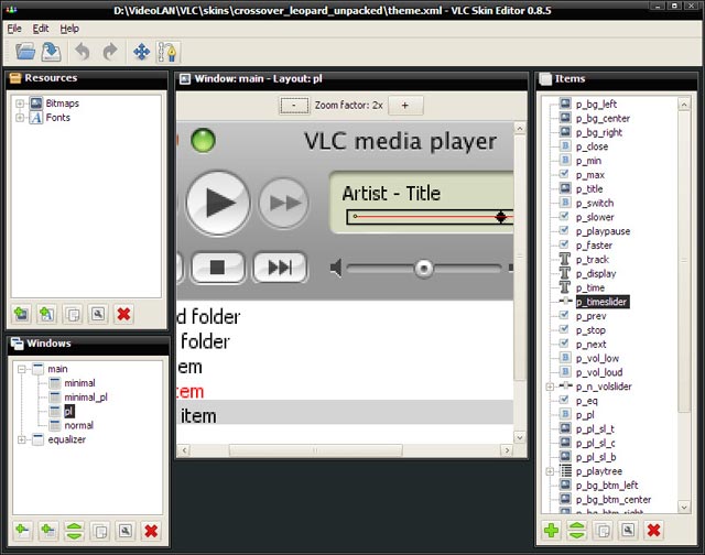 Giao diện chính của công cụ VLC Skin Editor