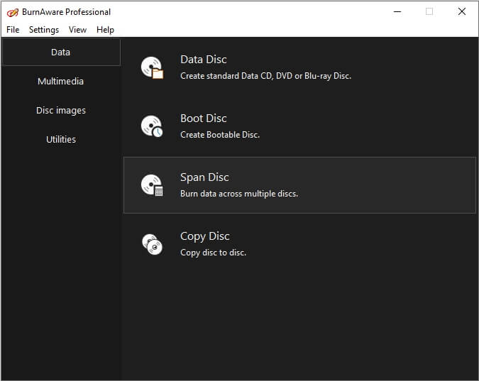 Giao diện nền đen của BurnAware Free 
