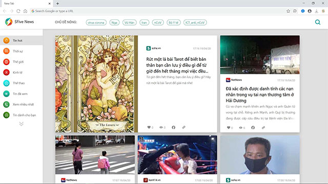 Giao diện đọc tin tức trên trình duyệt web SFive Browser