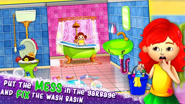Dọn rác vào thùng rác trong Bathroom and Toilet Cleanup