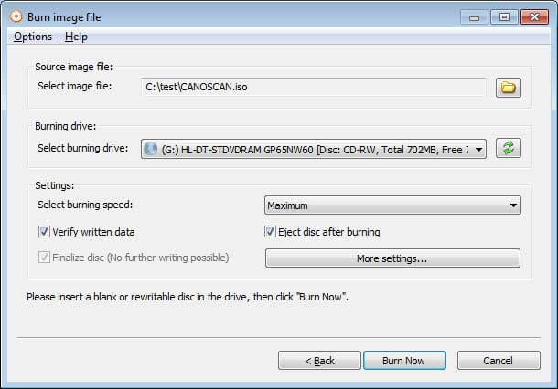 Free AnyBurn cung cấp các tùy chọn ghi file