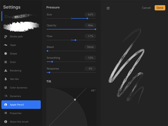 Procreate for iPad cho phép thiết lập chi tiết các công cụ