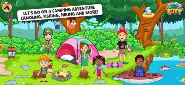 Đi cắm trại và thực hiện nhiều hoạt động thú vị như lái cano, câu cá... trong game My City : Wildlife Camping 