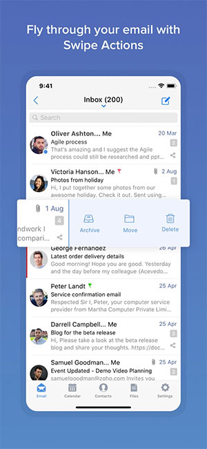 Thao tác trên Zoho Mail app bằng cử chỉ