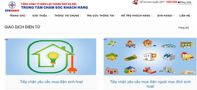 Giao diện đăng ký sử dụng điện