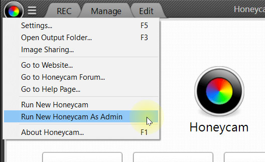 Honey Cam 3 cho phép chạy chương trình dưới quyền quản trị viên