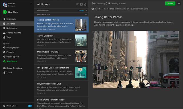 Evernote 10 cải thiện chế độ nền tối