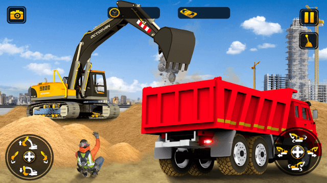 Điều khiển máy múc xúc vật liệu lên xe tải trong game City Construction Simulator