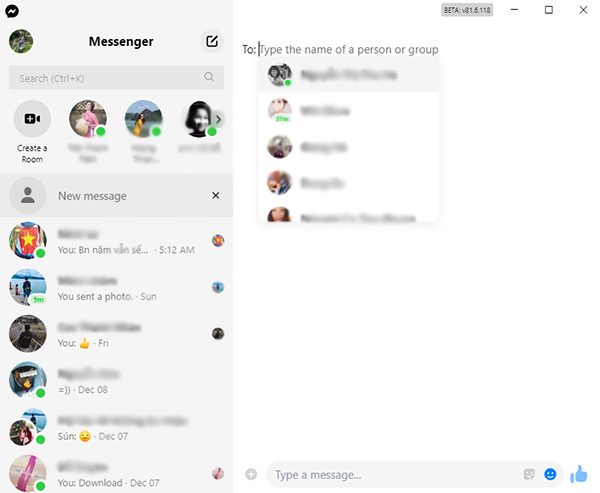 Giao diện chính của Facebook Messenger trên máy tính