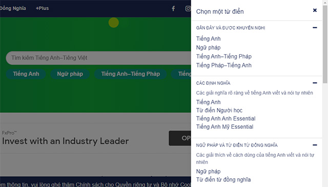 Nhiều loại từ điển khác nhau trong Cambridge Dictionary Online