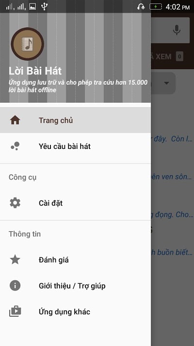 Các thiết lập trên ứng dụng Lời Bài Hát Offline