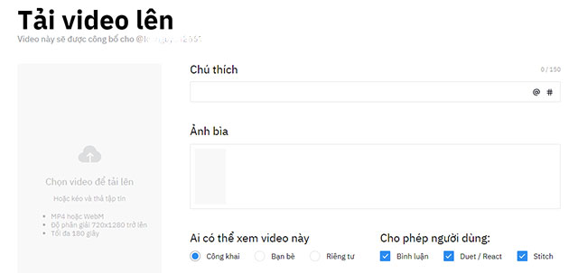 TikTok online cho phép upload video như trên phiên bản di động
