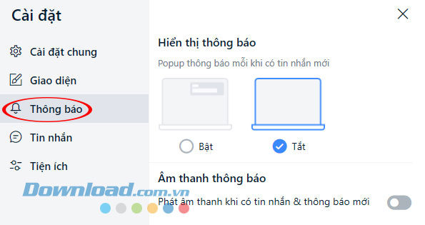 Tắt bật thông báo có tin nhắn mới