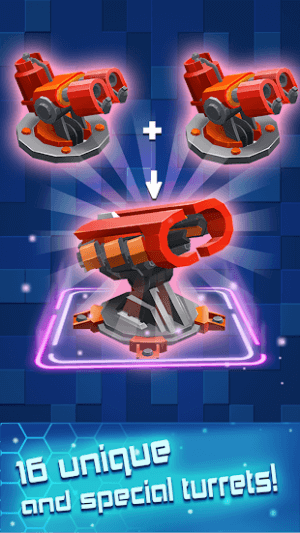 Turret Merge Defense có hơn 16 tháp pháo mạnh mẽ cùng bạn chiến đấu