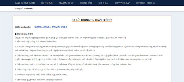 Thông tin đăng ký thành công