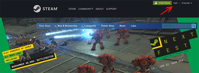 Mở cửa hàng Steam trực tuyến rồi nhấn Login