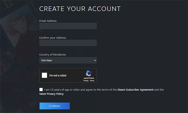 Tạo tài khoản Steam bằng cách nhập địa Email và thông tin cá nhân