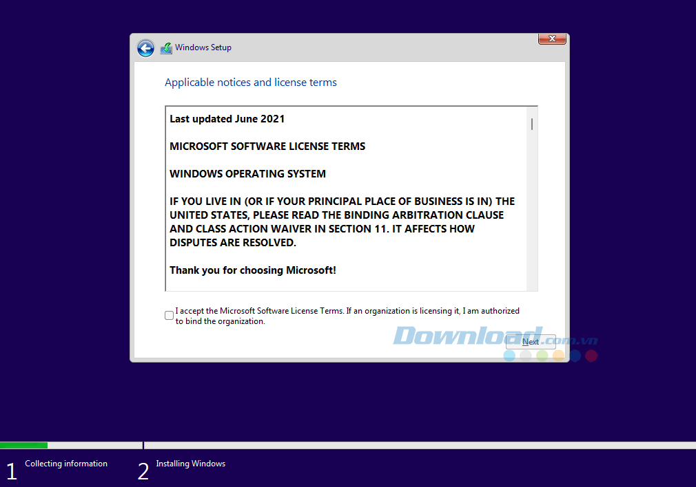 Đồng ý với điều khoản cài đặt Windows của Microsoft