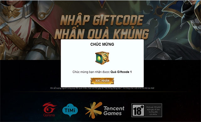Xác nhận quà tặng game Liên Quân Mobile