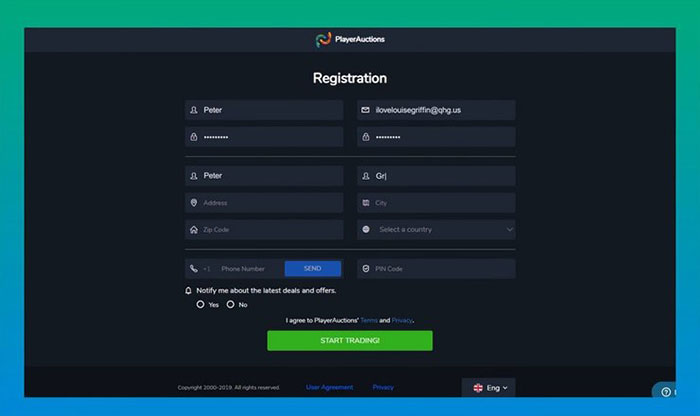 Bắt đầu đăng ký tài khoản trên PlayerAuctions