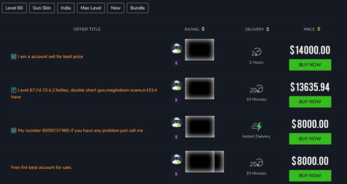 Giá của môt ID Free Fire có khoảng chênh lệnh rất lớn, phụ thuộc vào nhiều yếu tố khác nhau