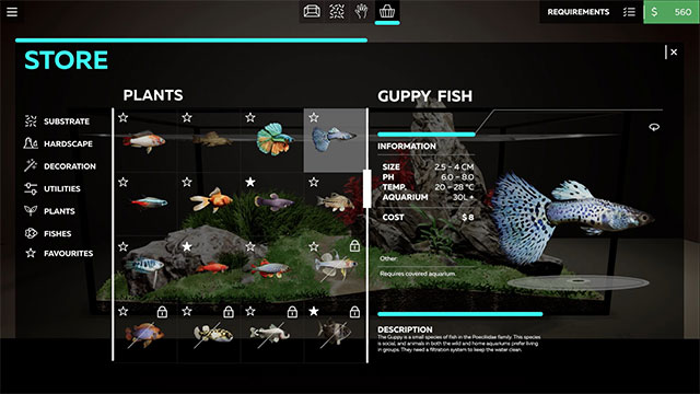 Mua các món đồ trang trí, rong rêu, cây thủy sinh, cá... trong cửa hàng game Aquarium Designer