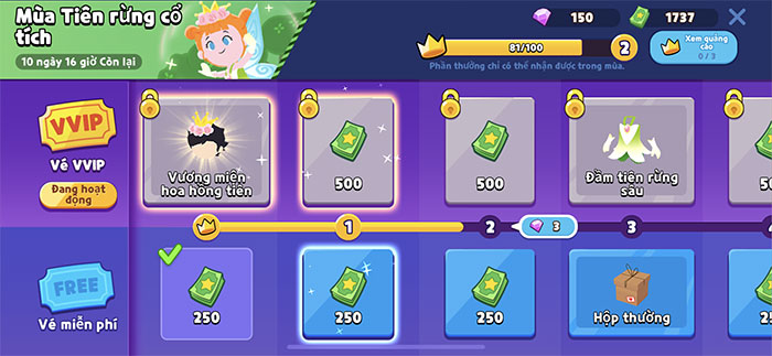 Vượt qua các mốc sẽ nhận được một số phần thưởng như ngôi sao, hộp quà,...