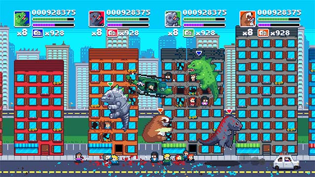 Phối hợp nhóm 4 người trong game Terror of Hemasaurus để phá hủy thành phố