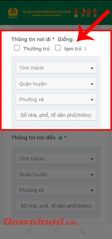 Nhập thông tin nơi bắt đầu di chuyển