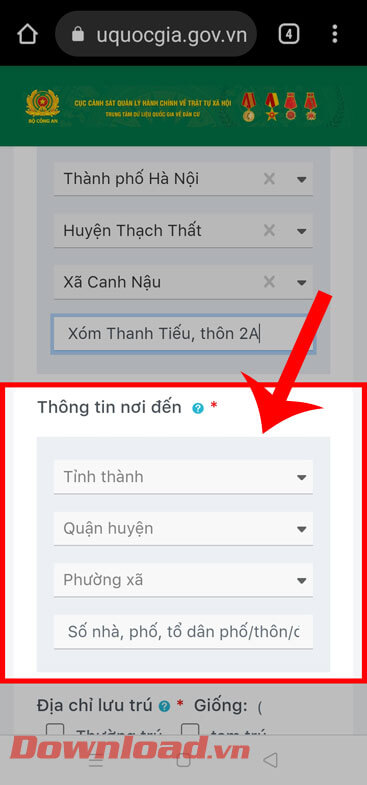 Nhập thông tin nơi đến