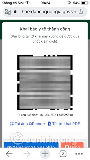 Mã QR sau khi khai báo xong thông tin