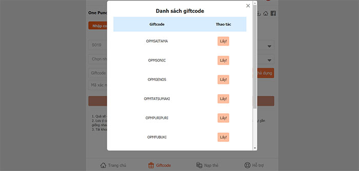 Danh sách các code đang hoạt động của trò chơi