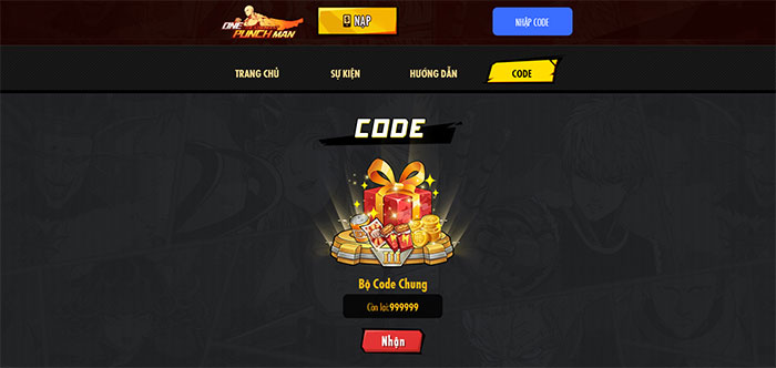Giao diện trang web nhập code đổi thưởng của ONE PUNCH MAN: The Strongest